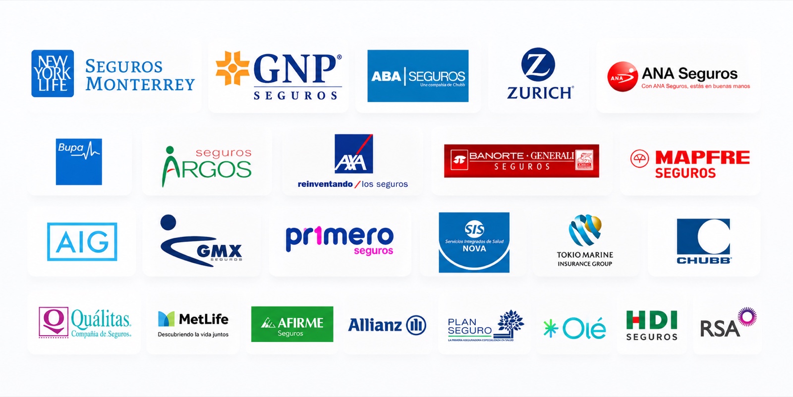 Aseguradoras aliadas: New York Life, Seguros Monterrey, GNP, ABA, Zurich, ANA, Bupa, Argos, AXA, Banorte-Generali, Mapfre, AIG, GMX, Primero, SIS Nova, Tokio Marine, Chubb, Quálitas, MetLife, Afirme, Allianz, Plan Seguro, Olé, HDI, RSA
